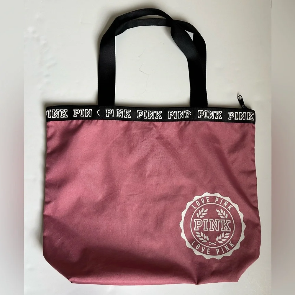 PINK Victoria's Secret Love Pink & Black Zipper Tote Gym Bag Grocery Carry All